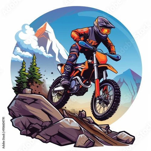 Illustrated scene of a dirt bike rider jumping over rocky terrain with mountains and trees in the background. photo