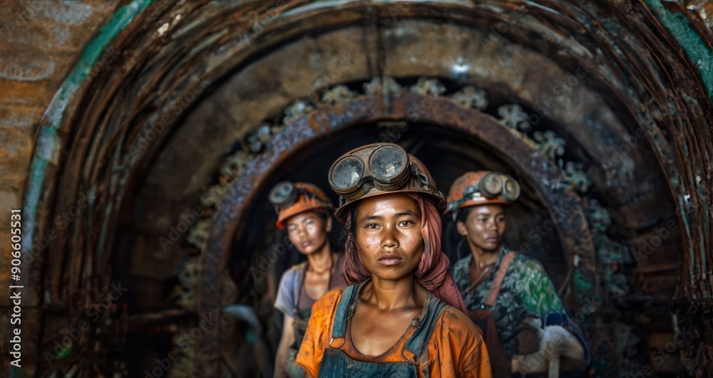 Portrait of Three Tired Female Miners Working Underground.Generated image