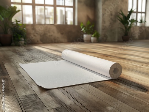 Blank white yoga mat mockup unrolled on a wooden floor in a studio