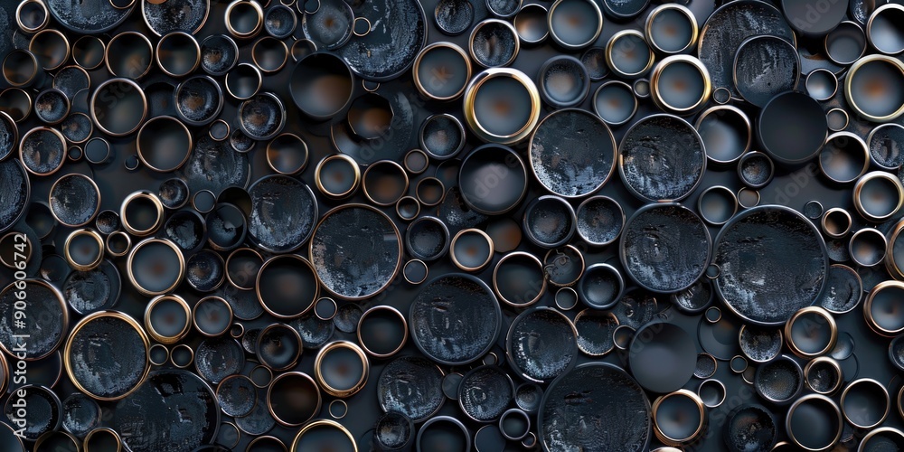Collection of decorative plates on a wall with black and gold designs Collection of decorative plates on a wall with black and gold designs