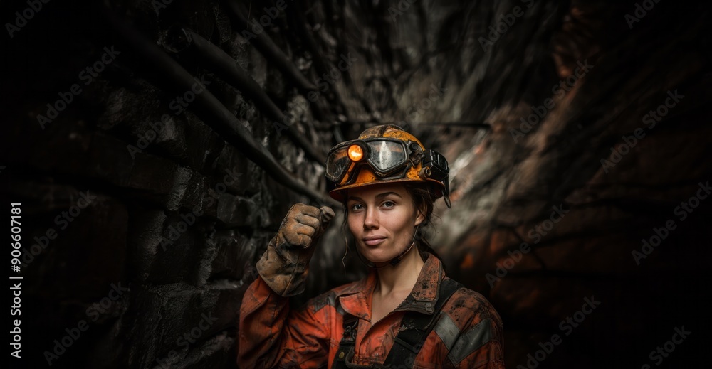 Portrait of a Female Miner in Protective Gear and Helmet Underground.Generated image