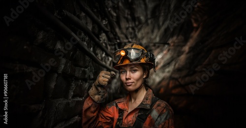 Portrait of a Female Miner in Protective Gear and Helmet Underground.Generated image photo