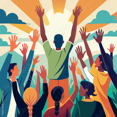 Flat vector image with hands uplifted in worship and singing 

