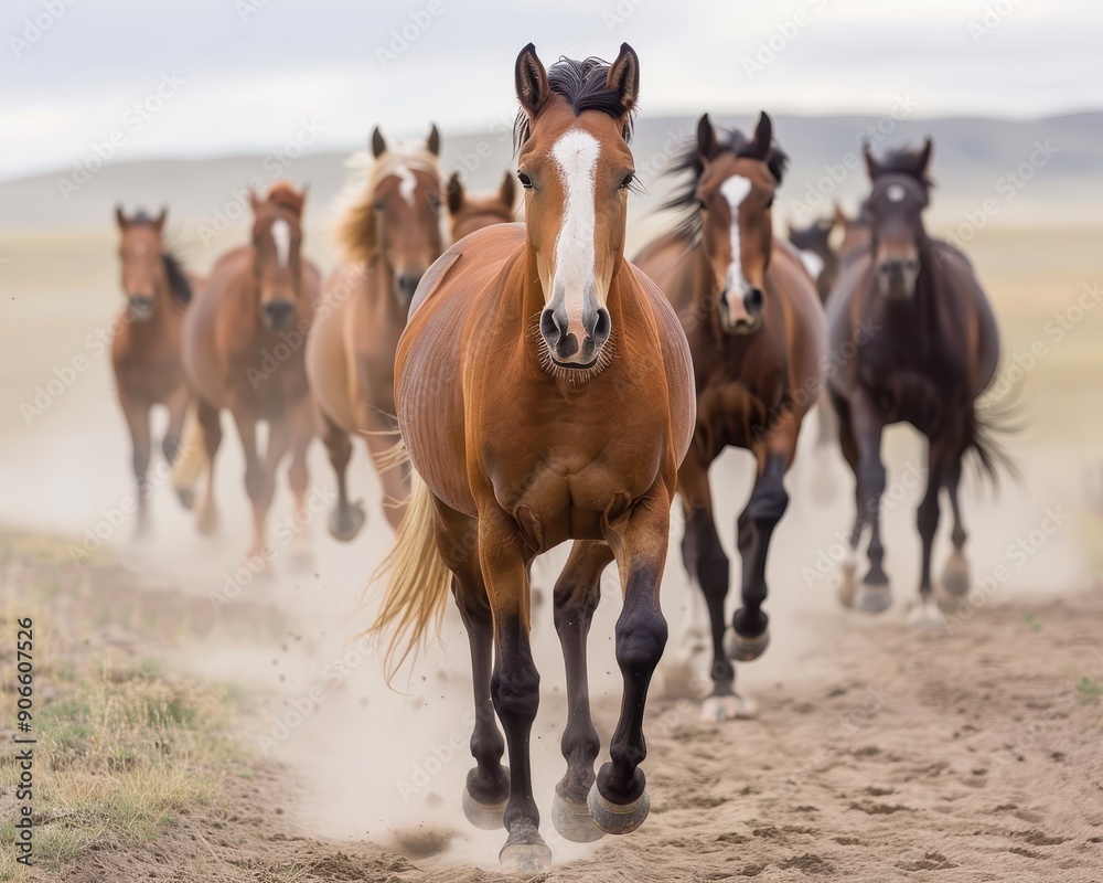 A dynamic herd of horses gallops across the dusty plains, showcasing their strength and grace in a captivating display of movement. A dynamic herd of horses gallops across the dusty plains, showcasing their strength and grace in a captivating display of movement.