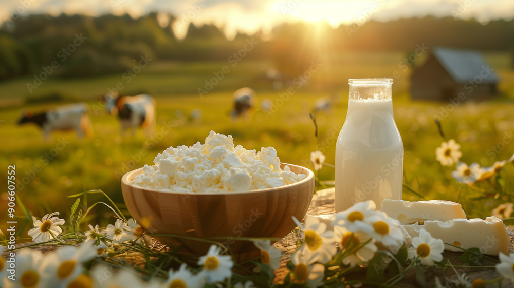 Milk in a bottle with sour cream cheese on the table with a cow farm background Milk in a bottle with sour cream cheese on the table with a cow farm background