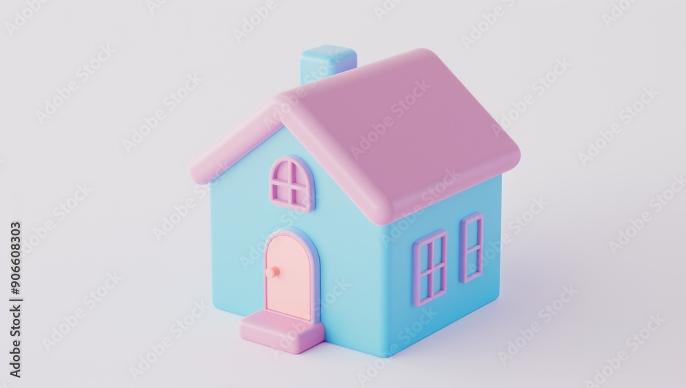 Cute Cartoon House with Pink Roof and Blue Walls Cute Cartoon House with Pink Roof and Blue Walls
