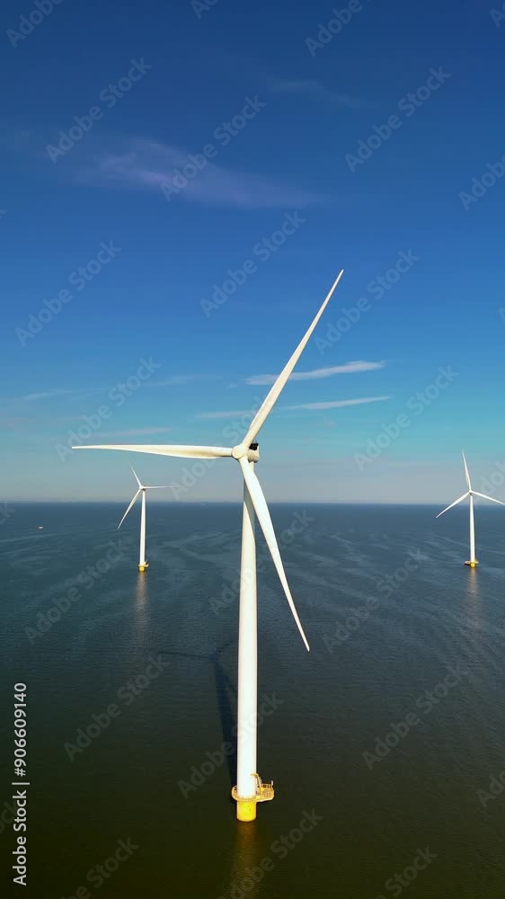 An aerial view shows numerous windmills and turbines generating clean, renewable energy offshore in the Netherlands, highlighting innovative sustainable practices in a vibrant natural setting An aerial view shows numerous windmills and turbines generating clean, renewable energy offshore in the Netherlands, highlighting innovative sustainable practices in a vibrant natural setting
