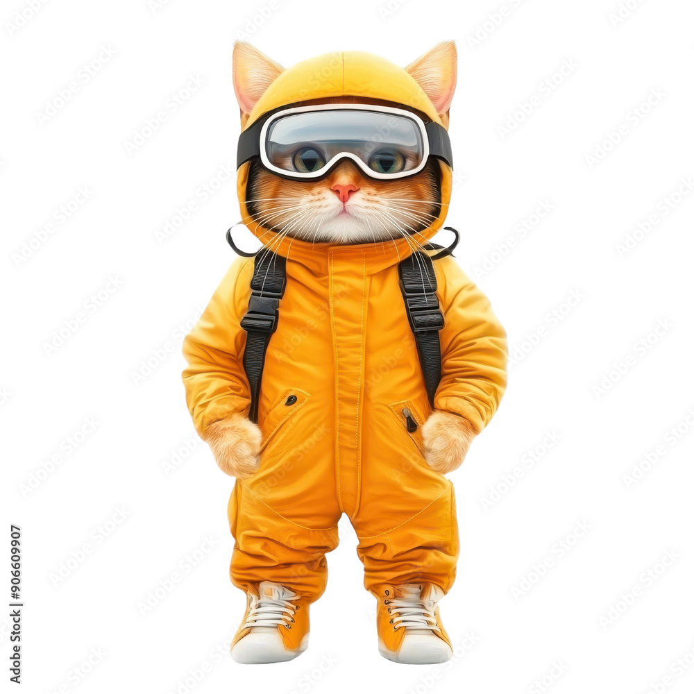 A cat in a yellow suit with goggles on its head A cat in a yellow suit with goggles on its head