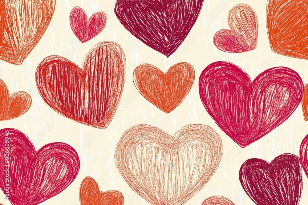 A pattern of red and orange hearts drawn on a textured background. A pattern of red and orange hearts drawn on a textured background.