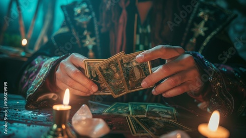 Mysterious Fortune Teller Shuffling Tarot Cards in a Candlelit Setting. Concept of Divination, Spirituality, Mysticism, Occult Practices photo