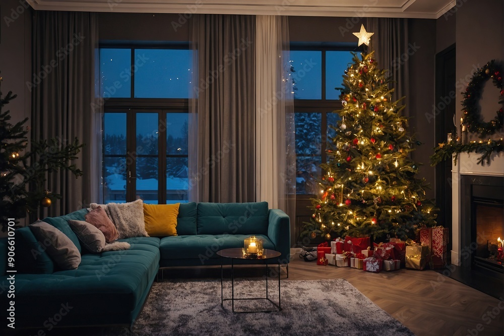 Bright interior of the living room with a sofa and a large Christmas tree. New year's interior Bright interior of the living room with a sofa and a large Christmas tree. New year's interior