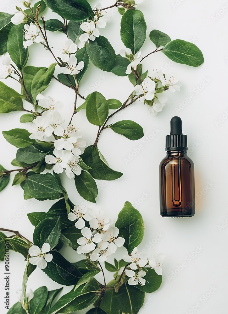 bottle of essential oil surrounded by herbs and flowers on green background.illustration bottle of essential oil surrounded by herbs and flowers on green background.illustration
