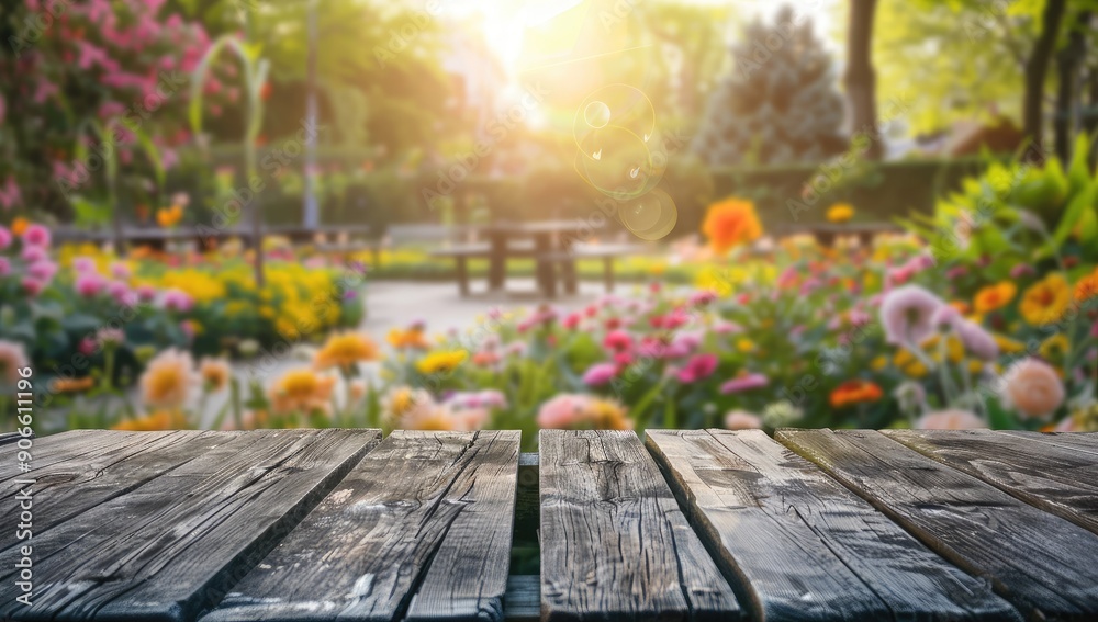Wooden Tabletop Overlooking a Vibrant Garden