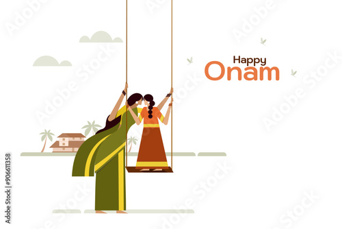 Illustration of a mother helping daughter to swing in the outdoor. Concept for Onam festival