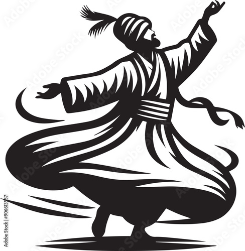 A man in a robe, with a turban, performs a dervish dance Vector Illustration Silhouette