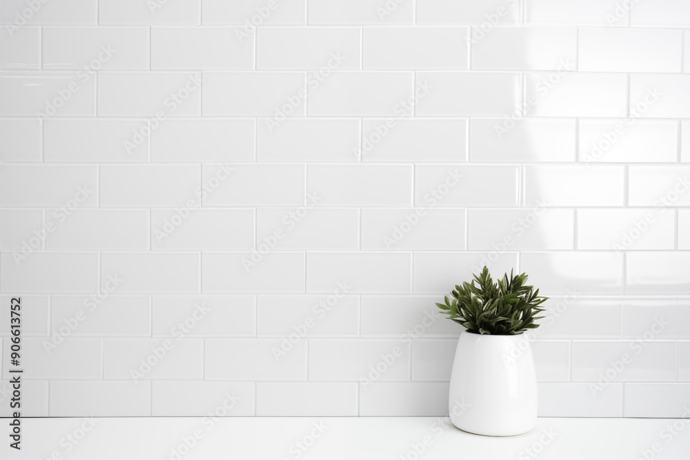 Glossy ceramic tiles in subway pattern white brick wall with plant in pot copy space background Glossy ceramic tiles in subway pattern white brick wall with plant in pot copy space background