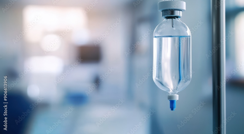 Intravenous fluid hanging in a hospital corridor on a blurred background, healthcare environment, medical treatment setup Intravenous fluid hanging in a hospital corridor on a blurred background, healthcare environment, medical treatment setup