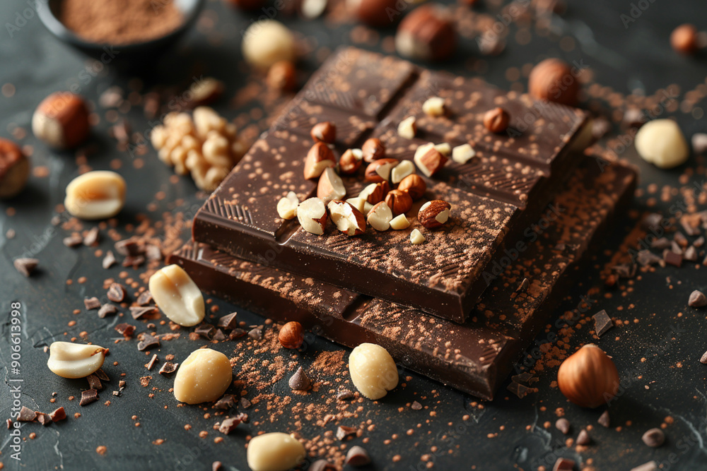 Chocolate bar sprinkled with cocoa powder and nuts on a dark background Chocolate bar sprinkled with cocoa powder and nuts on a dark background