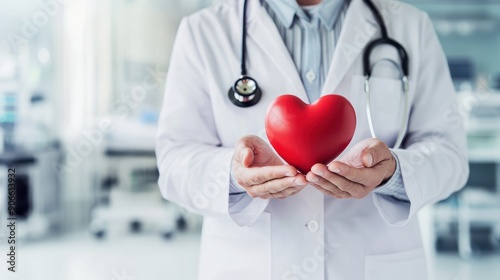 Male doctor holding a red heart in his hands against a blurred background, gesture of care, healthcare professional showing compassion, medical setting