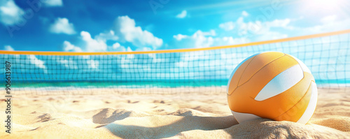 Beach scenery with blue sea and blue sky and fun ball play on the sand during summer vacation season, Generative AI