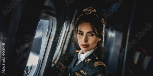 Portrait of a Female Pilot in an Airplane Cockpit.Generated image photo