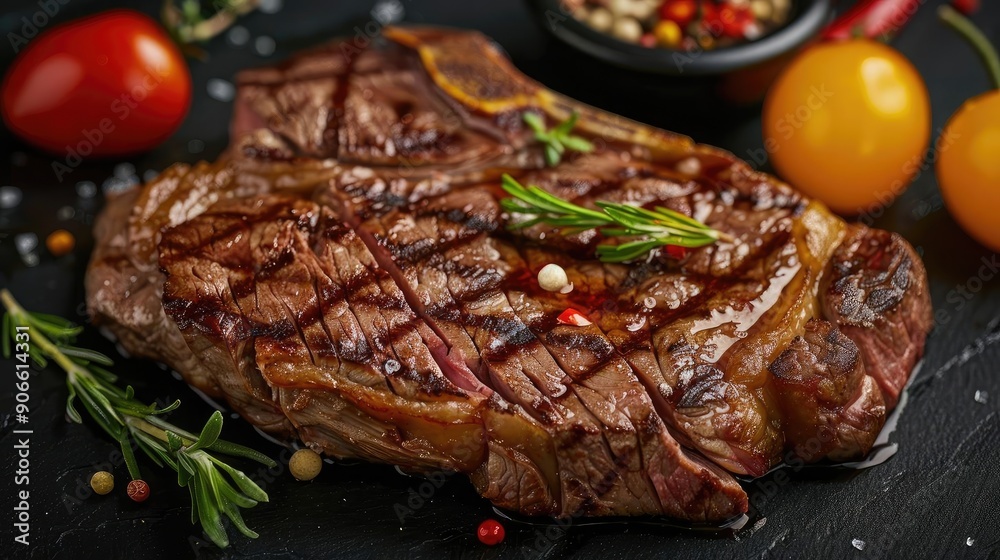 Savory grilled steak garnished with herbs, surrounded by fresh tomatoes and spices on a dark slate surface. Savory grilled steak garnished with herbs, surrounded by fresh tomatoes and spices on a dark slate surface.