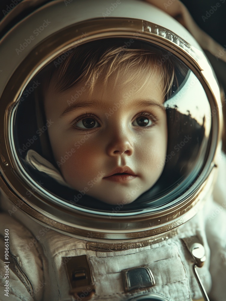 A young child is dressed in a space suit and looking directly at the camera A young child is dressed in a space suit and looking directly at the camera