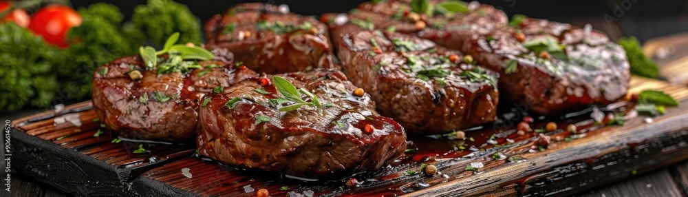 Succulent grilled steak garnished with herbs on a rustic wooden board, perfect for culinary inspiration and delicious meals. Succulent grilled steak garnished with herbs on a rustic wooden board, perfect for culinary inspiration and delicious meals.