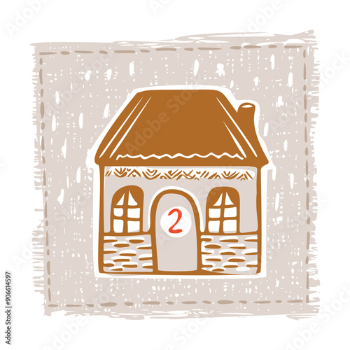 Whimsical Advent Calendar cottage door with numbers for december festive Christmas countdown . Winter holiday social media promotion campaign festive sales and cute hand drawn festive home card design