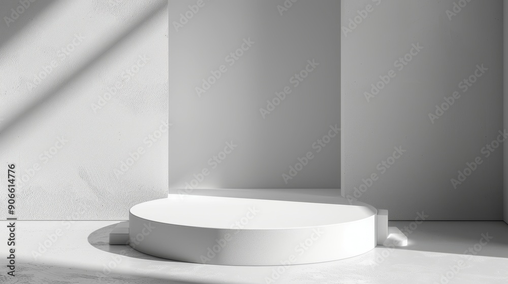 A white pedestal with a circular base is in a room with a white wall A white pedestal with a circular base is in a room with a white wall