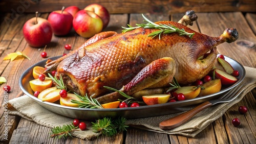 Roast goose with apples, on a table decorated with a potion, on a table in a restaurant, table setting