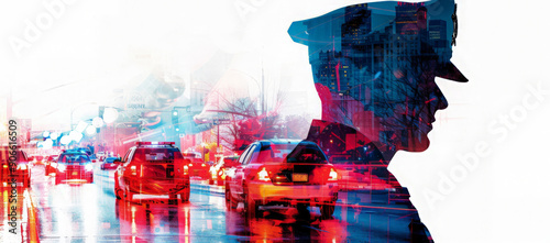 Double exposure illustration depicting a police officer in profile, superimposed over a busy city street with traffic photo