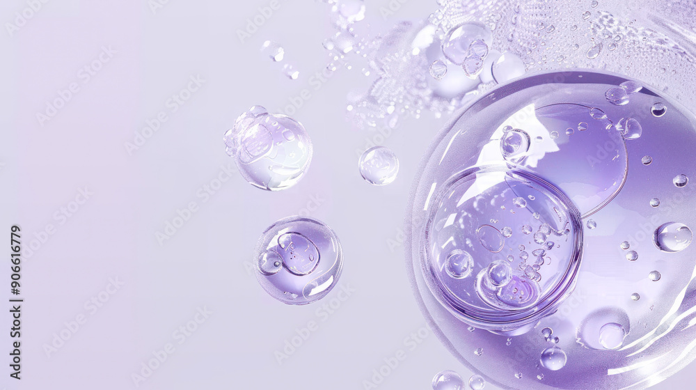 Fototapeta premium Hyaluronic acid skin solutions ad, collagen serum drops. cosmetics advertising background. Abstract texture of transparent liquid bubbles on light lilac background. Collagen Hydrolysate. Copy space