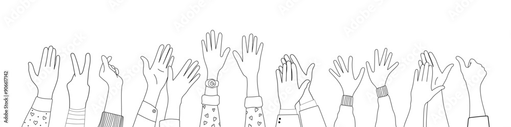 Doodle sketch hands up gestures comic icons silhouettes vector set. Group of line art fun comic hands in the air. Voting or happy congratulation audience recognition symbols. Doodle sketch hands up gestures comic icons silhouettes vector set. Group of line art fun comic hands in the air. Voting or happy congratulation audience recognition symbols.