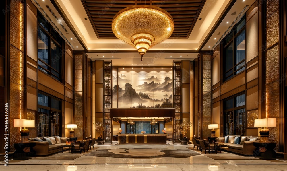 Obraz premium Luxurious Hotel Lobby with Oriental Design