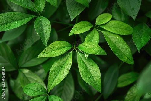 A leafy green plant with droplets of water on it. The leaves are wet and shiny, giving the impression of freshness and vitality