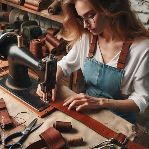  A woman tanner sews a leather belt on a sewing machine. 