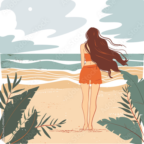 Young woman standing beach long hair flowing, looking sea summer day. Female rear view beachwear orange shorts contemplative ocean gaze. Tropical foliage sand coastline tranquil scene illustration