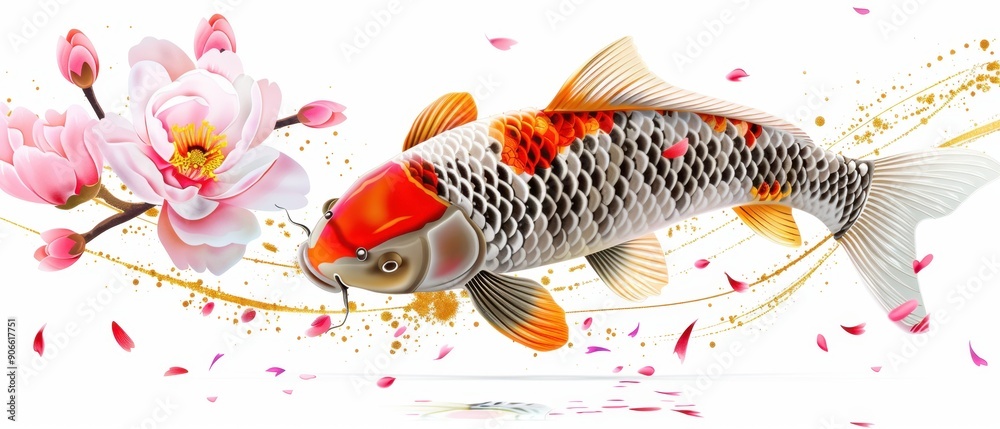Colorful koi fish swimming with blooming cherry blossoms, symbolizing beauty and tranquility, on a pure white background. Colorful koi fish swimming with blooming cherry blossoms, symbolizing beauty and tranquility, on a pure white background.
