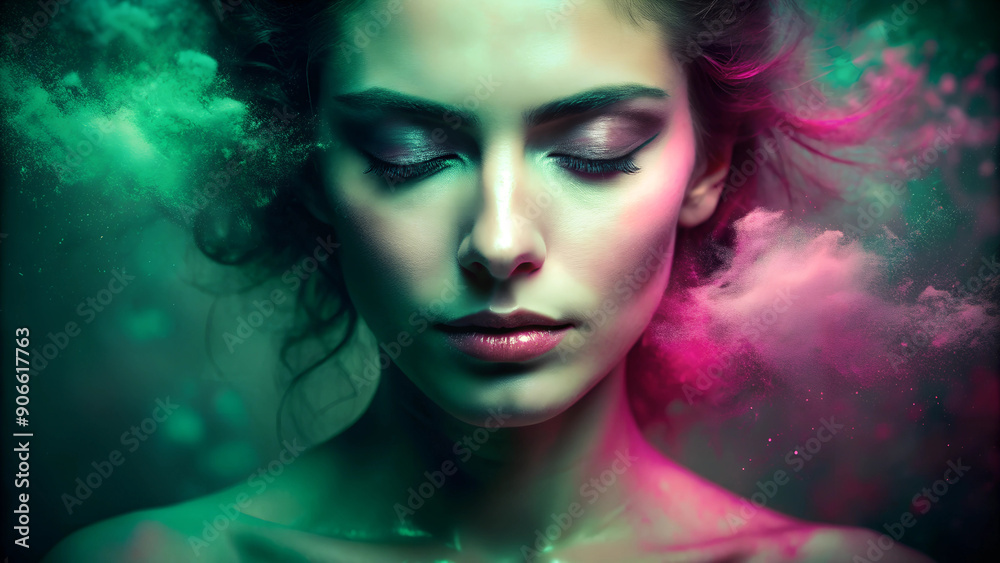 Artistic portrait of a woman in emerald tones with a haze of dust Artistic portrait of a woman in emerald tones with a haze of dust
