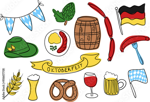 Oktoberfest beer festival hand drawn doodle elements set. Doodle set with icons of Germany. Cartoon minimalistic elements for stickers, prints, icons, clip art, postcard decor, sublimation, labels.