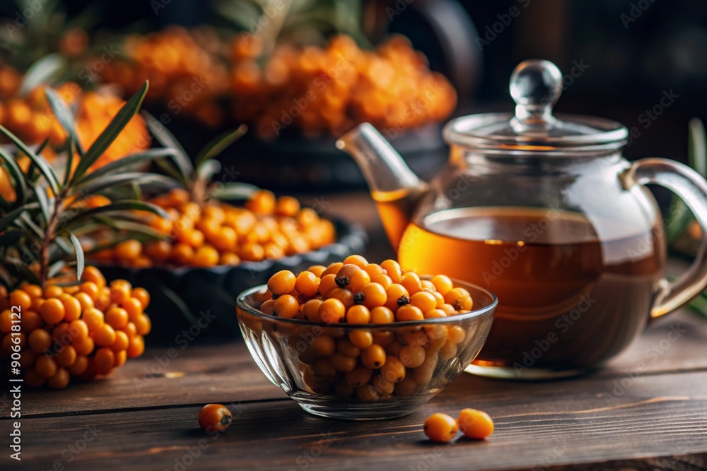 A healthy, ripe sea buckthorn berry in close-up. Vitamin, orange, autumn, seasonal tea made from sea buckthorn berries on a dark background. Berry tea for the immune system. A healthy, ripe sea buckthorn berry in close-up. Vitamin, orange, autumn, seasonal tea made from sea buckthorn berries on a dark background. Berry tea for the immune system.