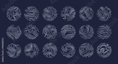 Circular wood rings or topographic map lines texture set. Wood tree topographic abstract lines collection flat style design vector illustration contour isolated pattern design.