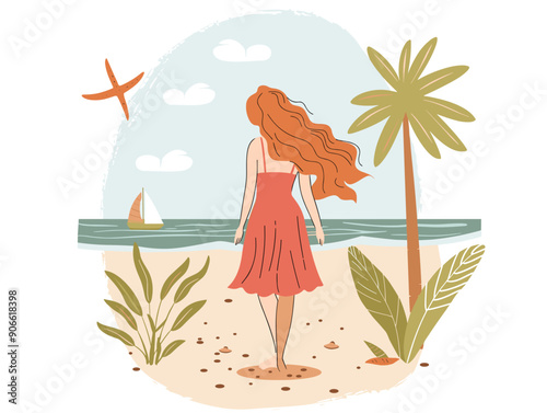 Redhaired woman standing barefoot beach, gazing sea under blue sky. Solo traveler enjoying tranquil seaside, palm trees, sand, sailboat starfish visible. Escaping tropical destination relaxation