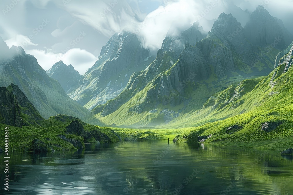 A mountain range with a lake in the middle. The mountains are covered in green grass and the lake is calm and clear. The scene is peaceful and serene, with the mountains towering over the water A mountain range with a lake in the middle. The mountains are covered in green grass and the lake is calm and clear. The scene is peaceful and serene, with the mountains towering over the water
