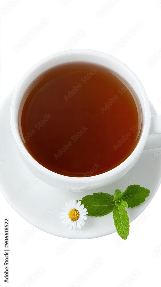 A delicate glass cup holds fragrant herbal tea, accompanied by fresh mint leaves and vibrant daisies on a white background A delicate glass cup holds fragrant herbal tea, accompanied by fresh mint leaves and vibrant daisies on a white background