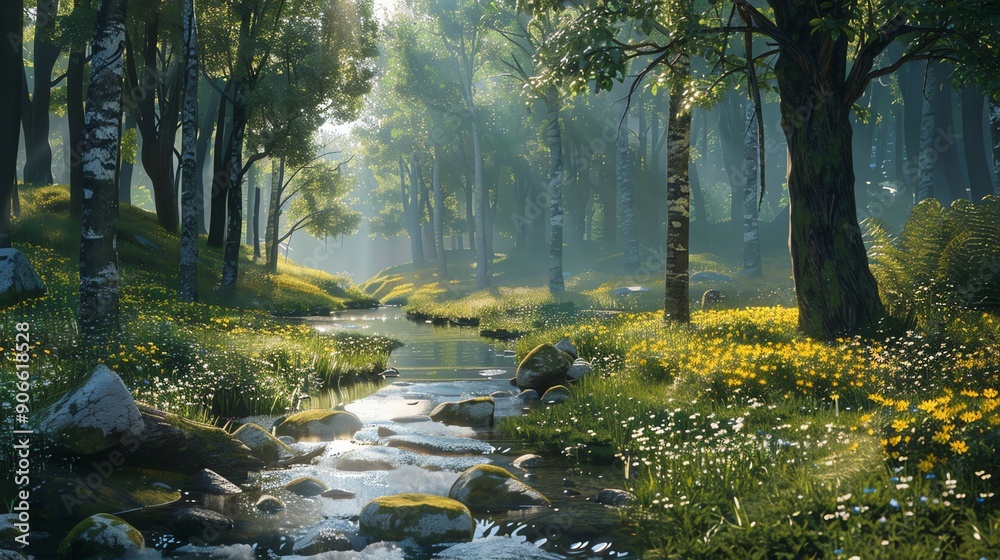 A serene forest scene with a stream running through it. A serene forest scene with a stream running through it.
