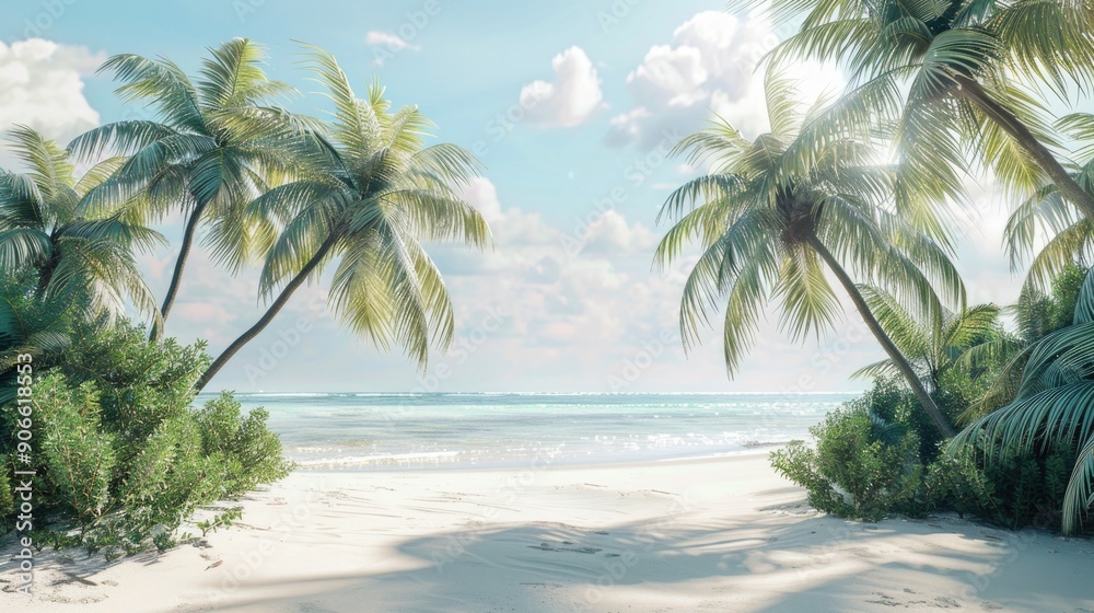 A serene coastal scene featuring sandy dunes, palm trees and bright sunshine A serene coastal scene featuring sandy dunes, palm trees and bright sunshine