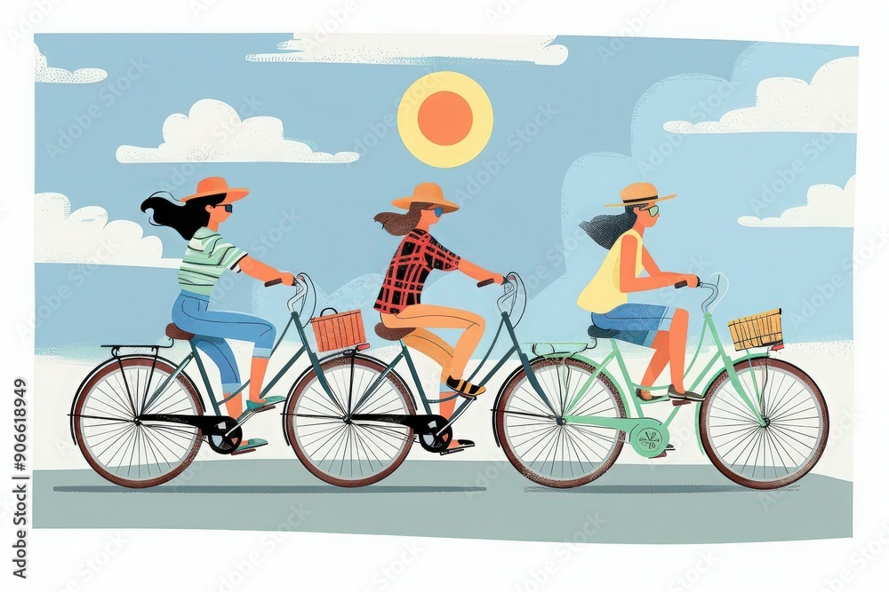 Three women enjoy a sunny day biking together. They wear hats and colorful outfits, capturing a cheerful outdoor scene. Three women enjoy a sunny day biking together. They wear hats and colorful outfits, capturing a cheerful outdoor scene.