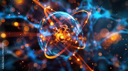 Nucleus and electron orbit, vibrant atomic model, dynamic electron paths, subatomic structure, uhd, copy space for text,